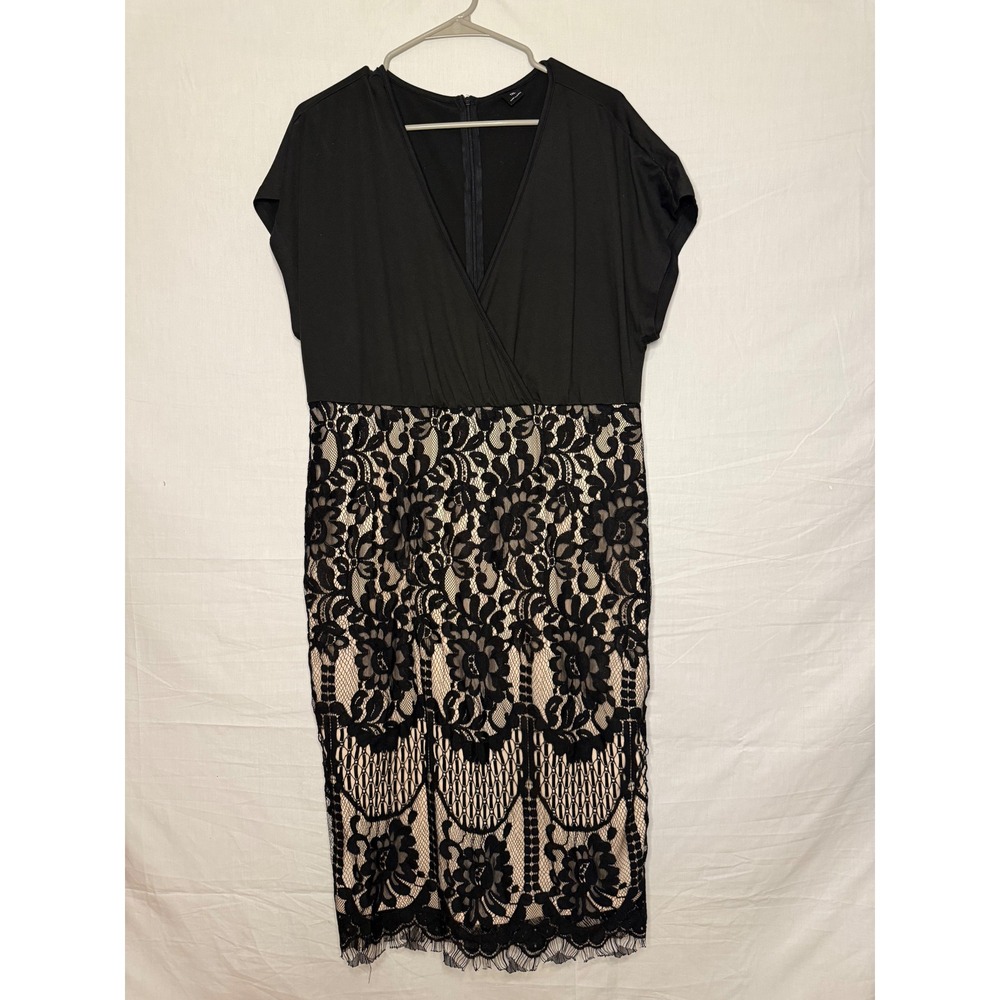 Womens Black Lace Skirt Short Sleeve Cocktail Dress Floral Overlay 1XL
